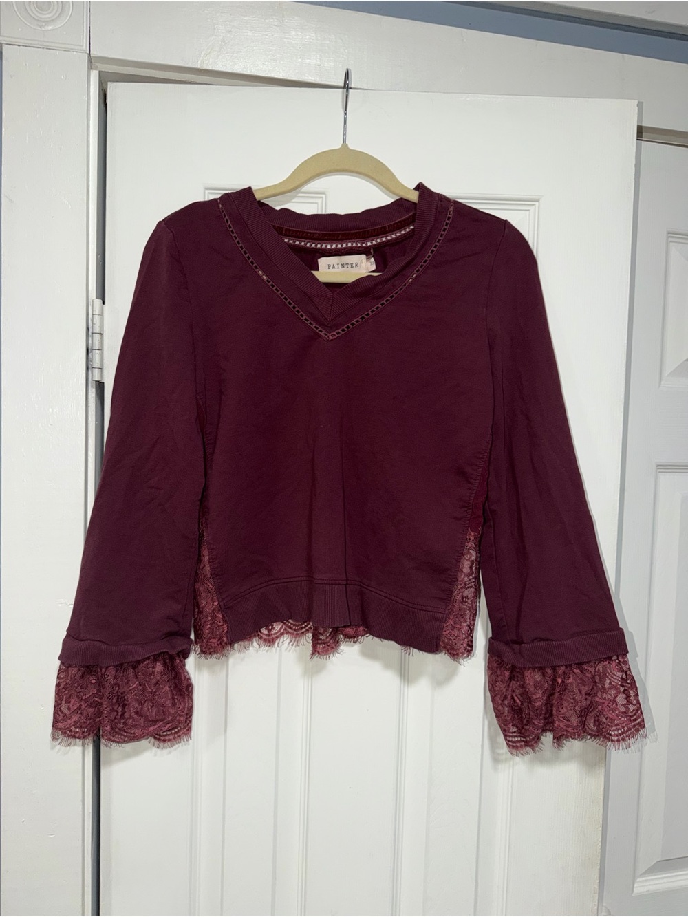 Burgundy Lace-Trim Scoop Neck Sweater